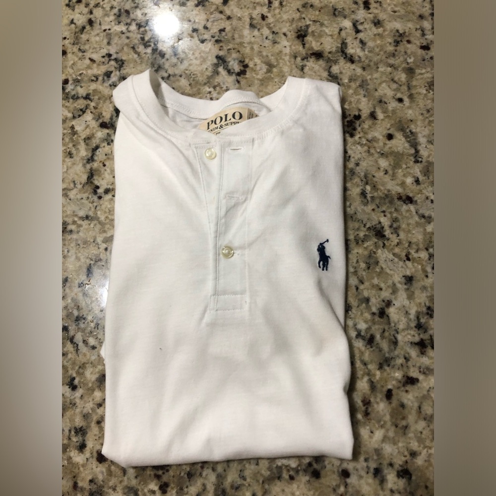 Denim & Supply Ralph Lauren White Short-Sleeve Henley Polo with Navy Logo